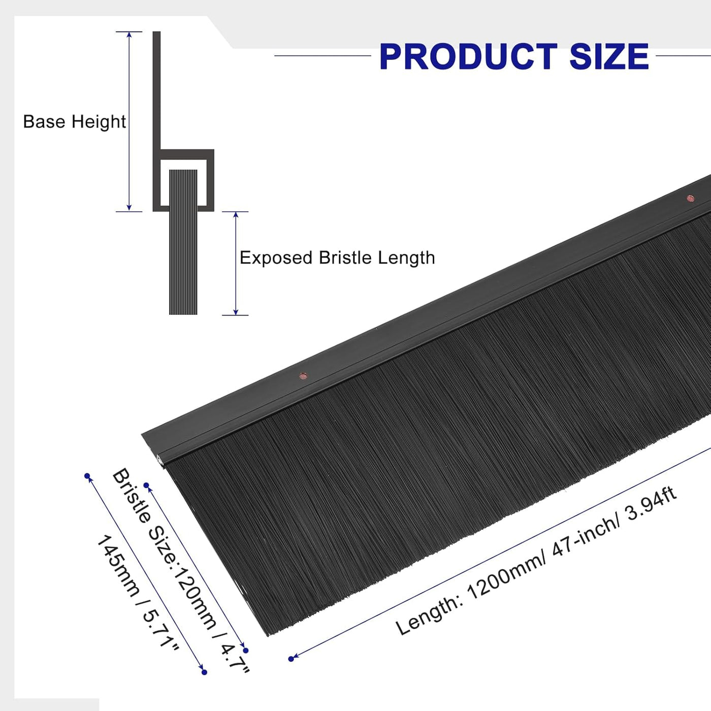 Door Brush Bottom Sweep 2 Pc 1200mm Aluminum H Shape 12cm PP Draft Seal Black