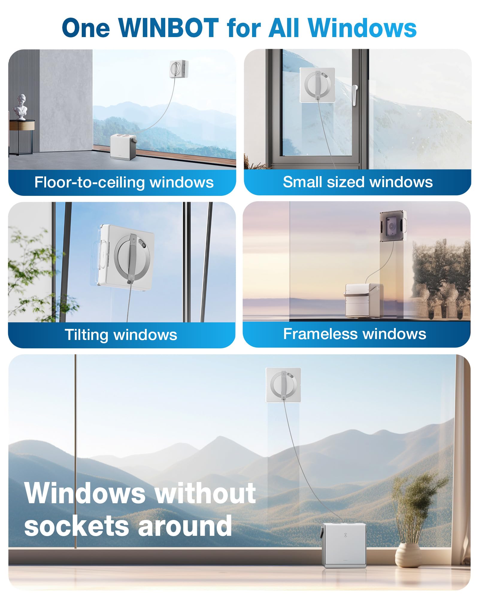 WINBOT cleaning system for various types of windows with text indicating compatibility.