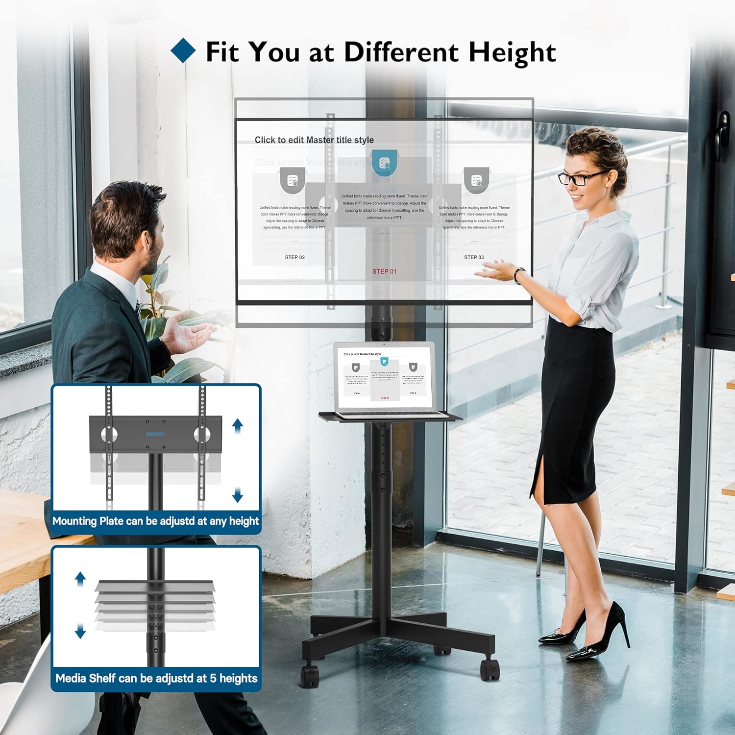 Two people interacting with a large screen display in an office setting, with text indicating adjustable height features.
