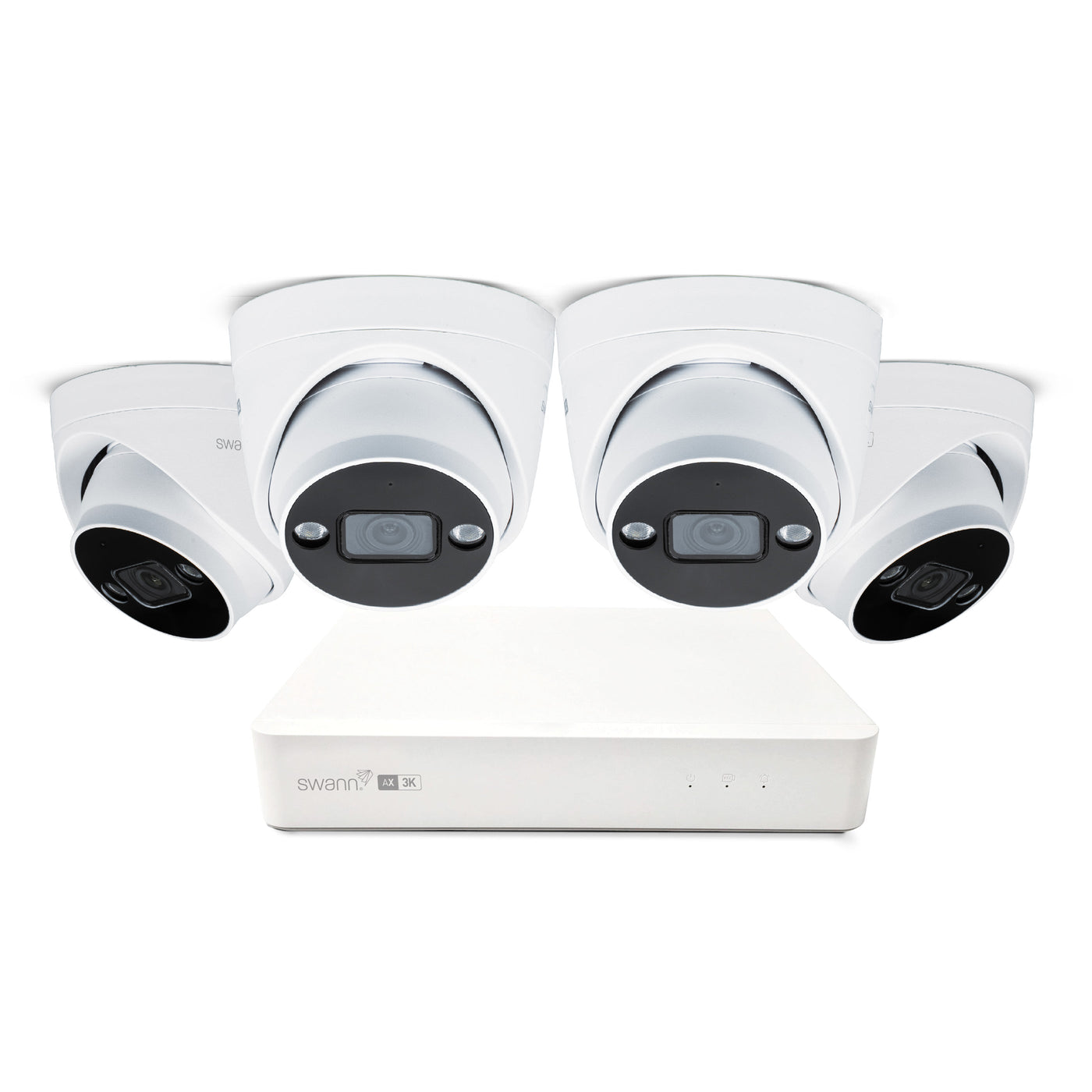 Set of security cameras with a central control unit on a white background