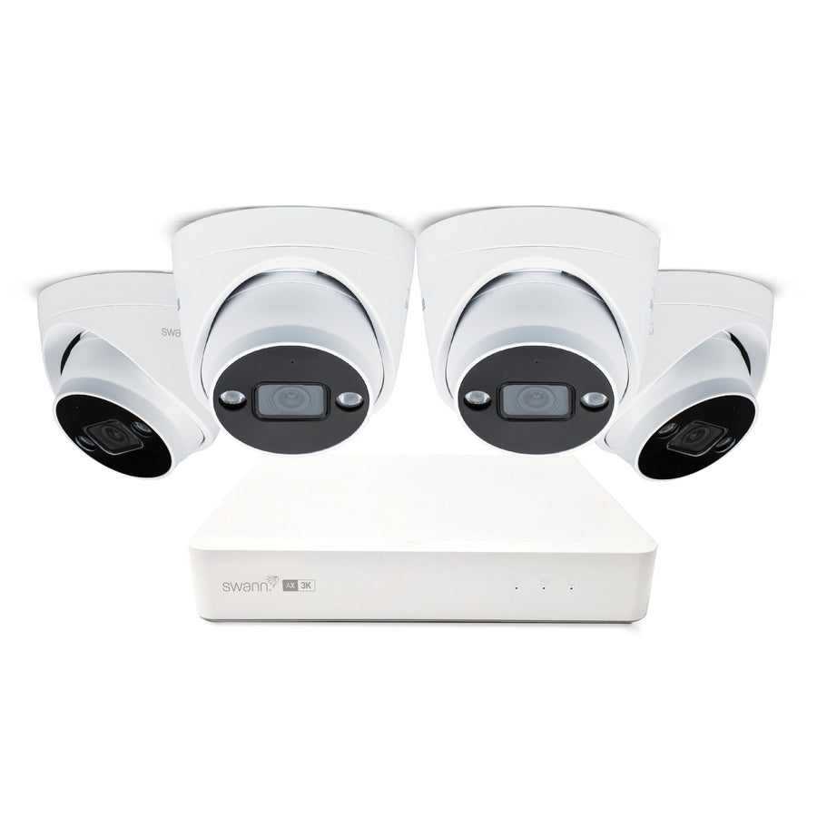 Set of security cameras with a central control unit on a white background