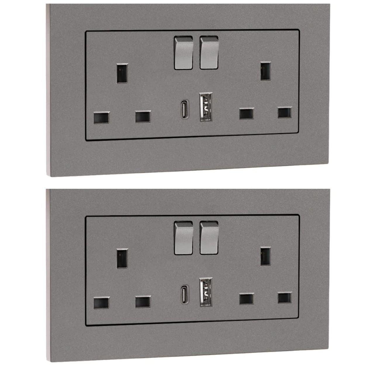 2Pc Double Switched Power Socket, Dual USB Charging Ports USB-A Type-C - Massive Discounts