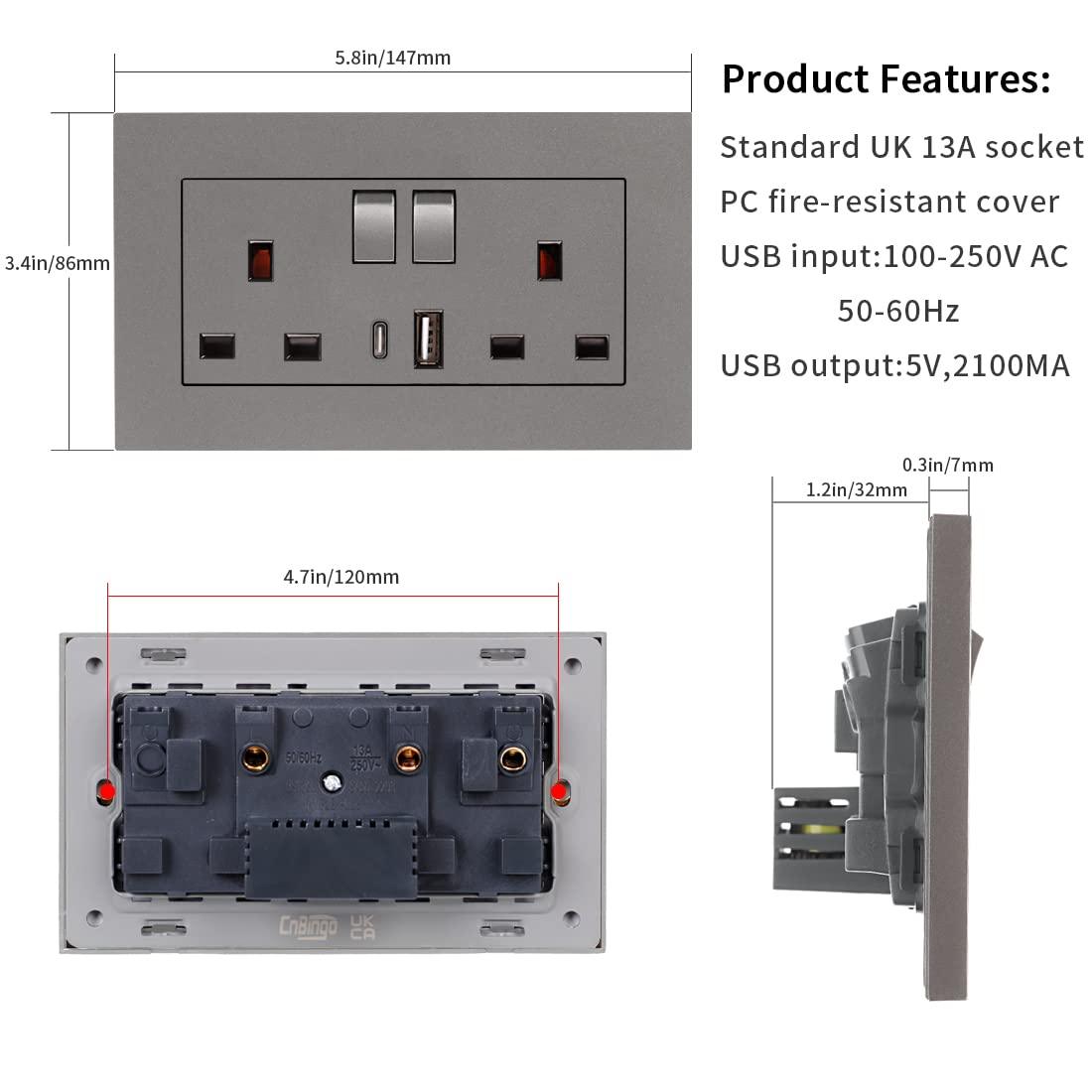 2Pcs Double Switched Power Socket, Dual USB Charging Ports USB-A Type-C - Massive Discounts