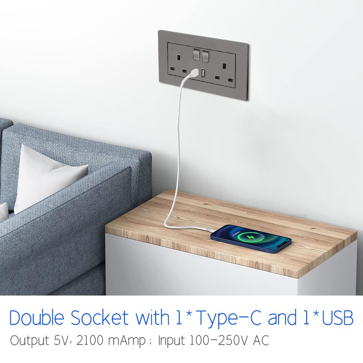 2Pc Double Switched Power Socket, Dual USB Charging Ports USB-A Type-C - Massive Discounts