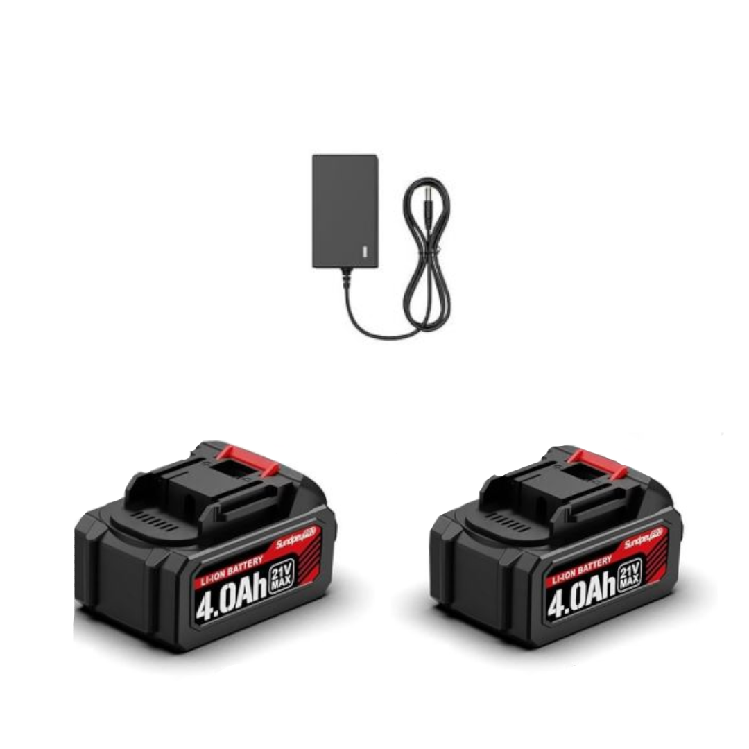Two 4.0Ah lithium-ion batteries with a charger on a white background