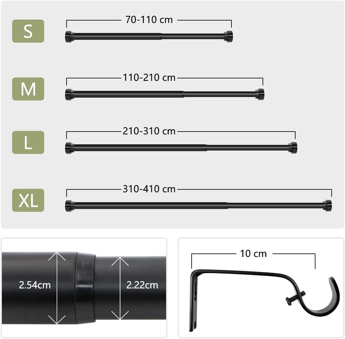 Curtain Pole with Cap Finials, 310-410cm for Windows Adjustable Black - Massive Discounts