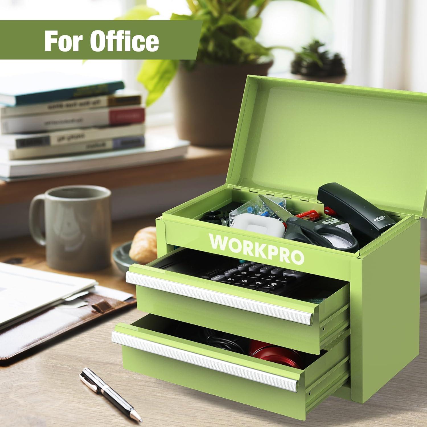 WORKPRO 2-Drawer Mini Tool Box - Metal Chest with Top Storage, Macaron Green