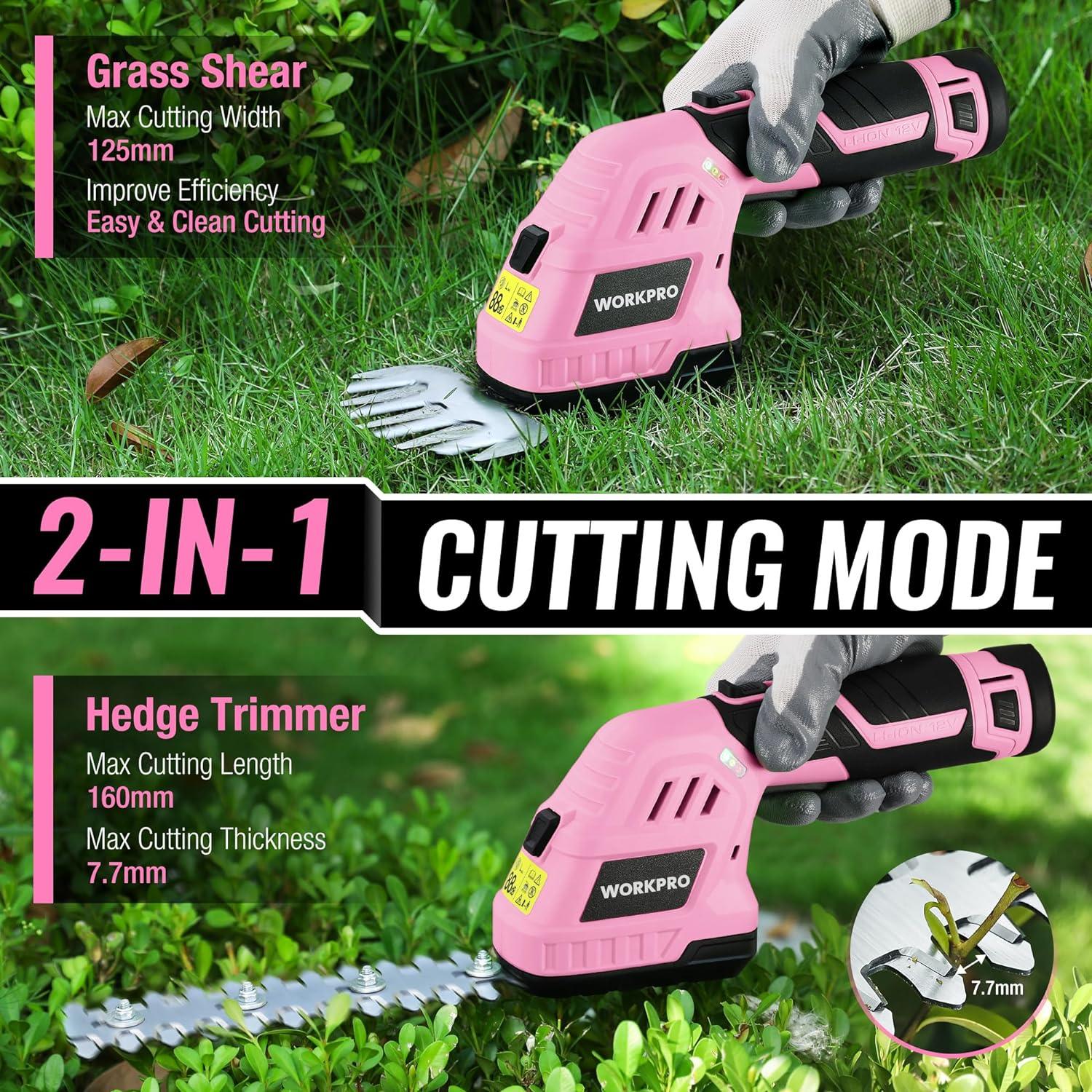 WORKPRO 12V Cordless Hedge Trimmer with 3 Batteries, 2 Blades for Gardening