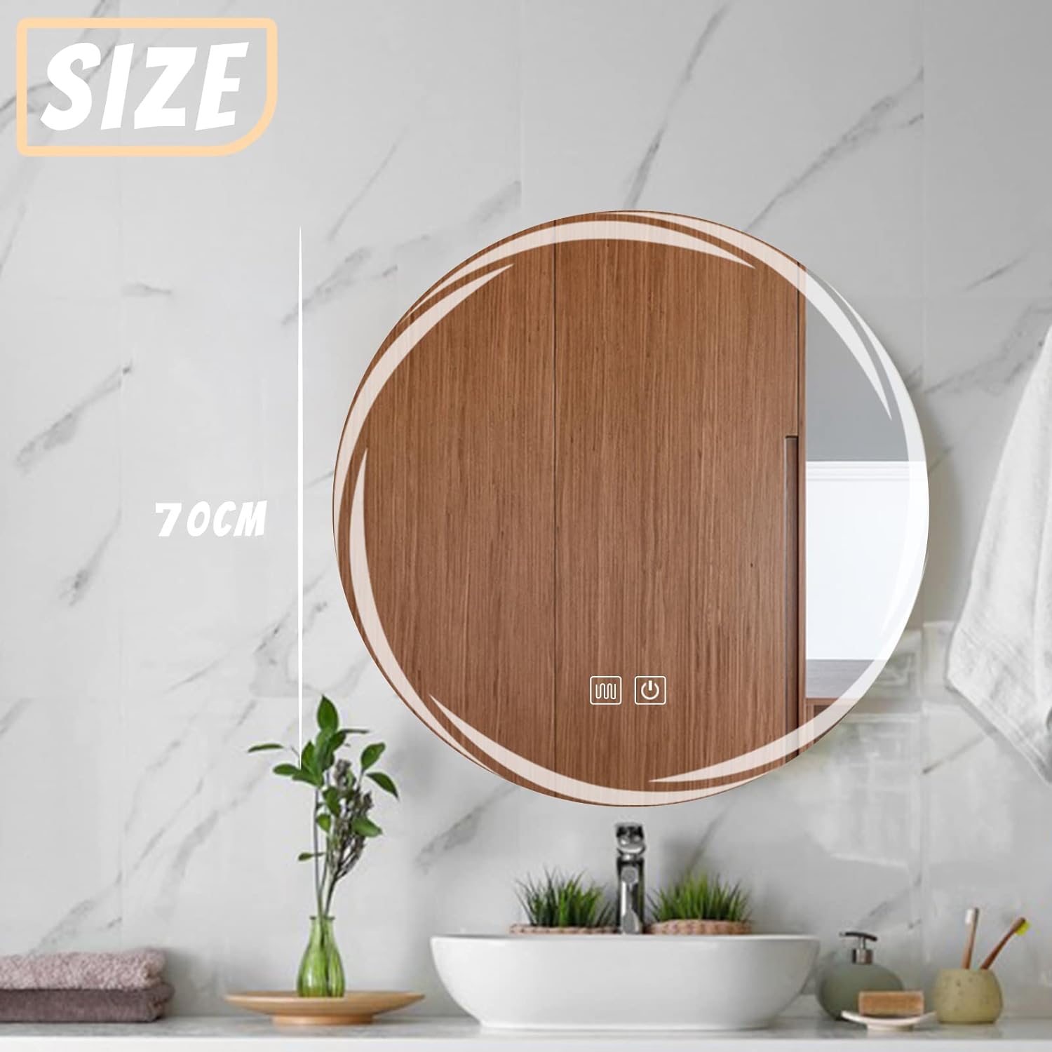 YOSHOOT 700mm Round LED Bathroom Mirror, Wall-Mounted, 3-Color Dimmable Anti-Fog