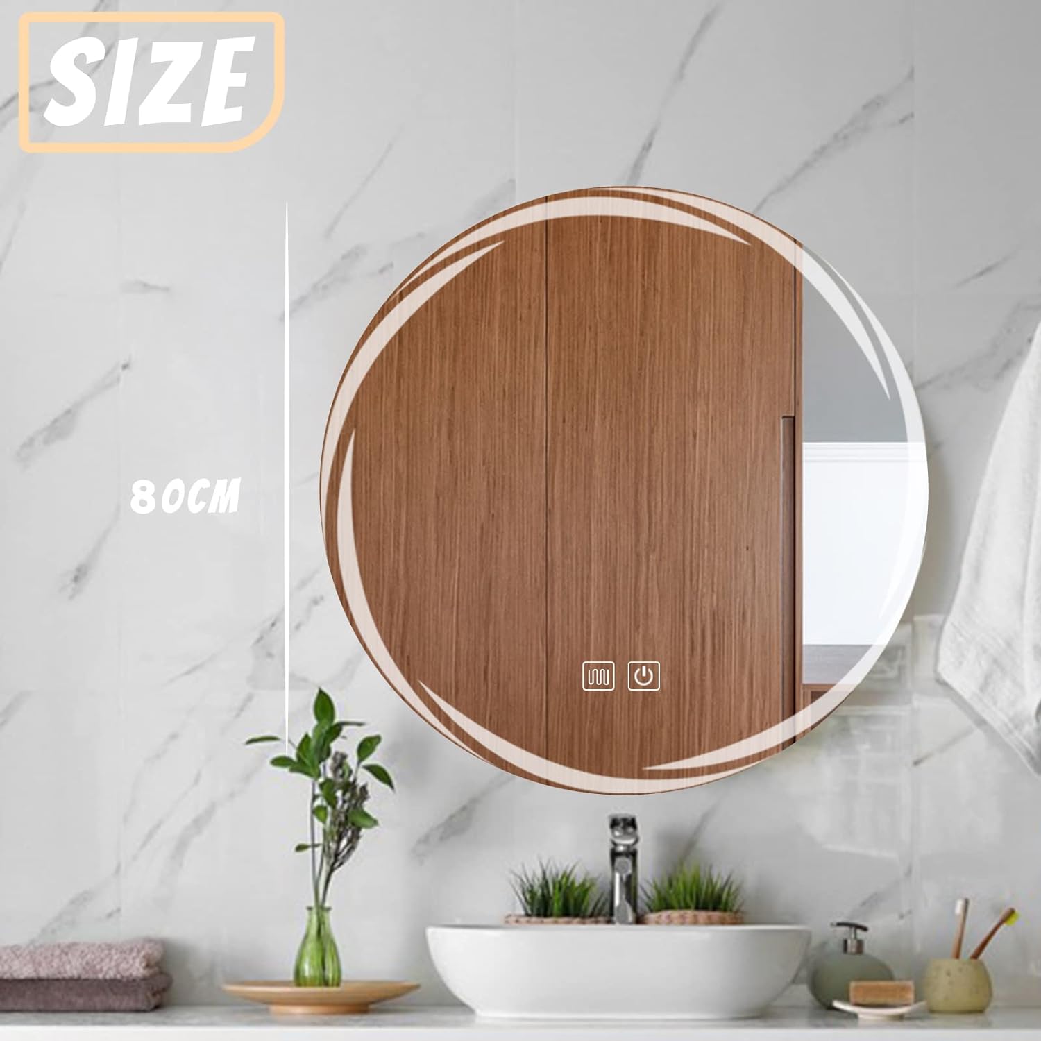 YOSHOOT 800mm Round LED Bathroom Mirror, Wall-Mounted, 3-Color Dimmable Anti-Fog