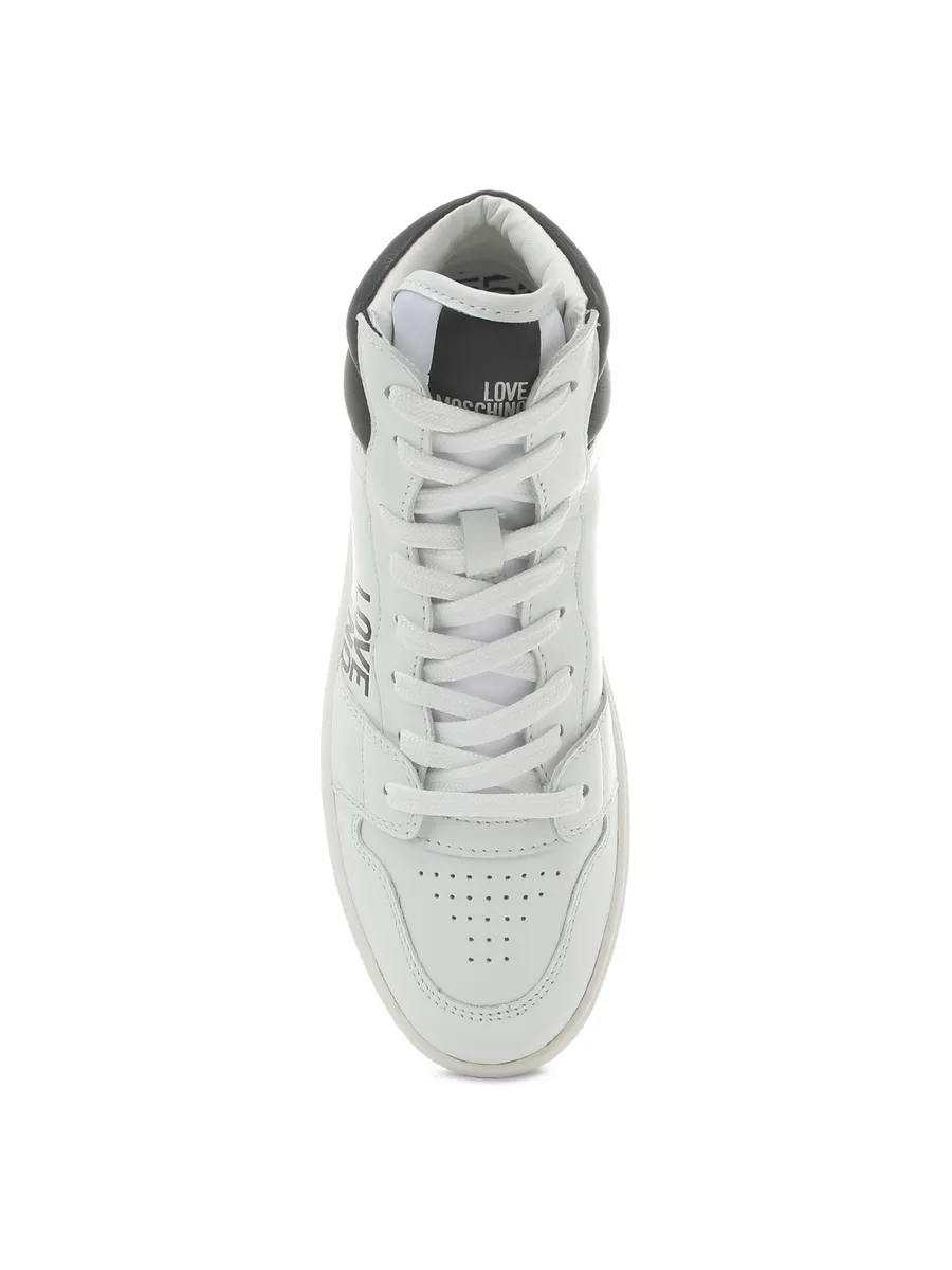 White high-top sneaker with black accents on a white background