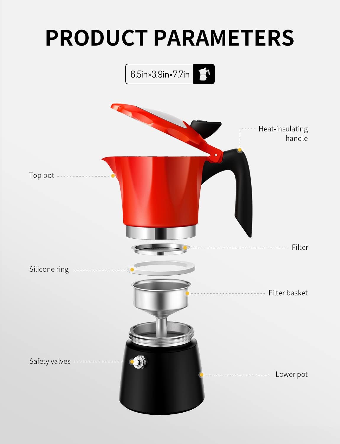 Stovetop Coffee Maker Italian Espresso Moka Pot Transparent Lid Red TWOMEOW