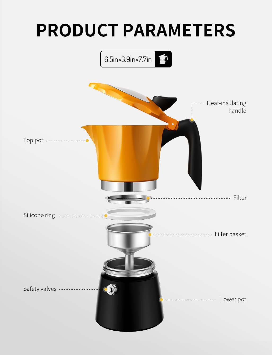 Stovetop Coffee Maker Italian Espresso Moka Pot Transparent Lid Orange TWOMEOW