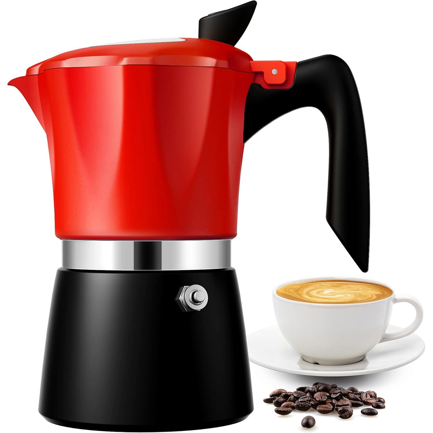 Stovetop Coffee Maker Italian Espresso Moka Pot Transparent Lid Red TWOMEOW