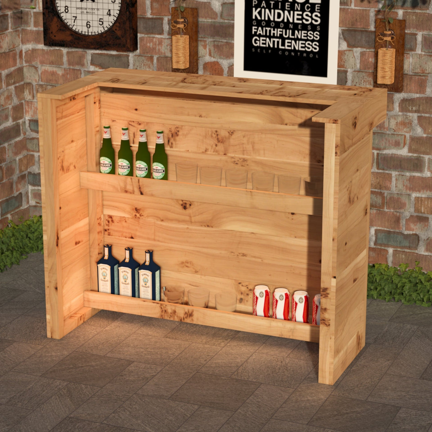 Wooden outdoor bar with bottles against a brick wall