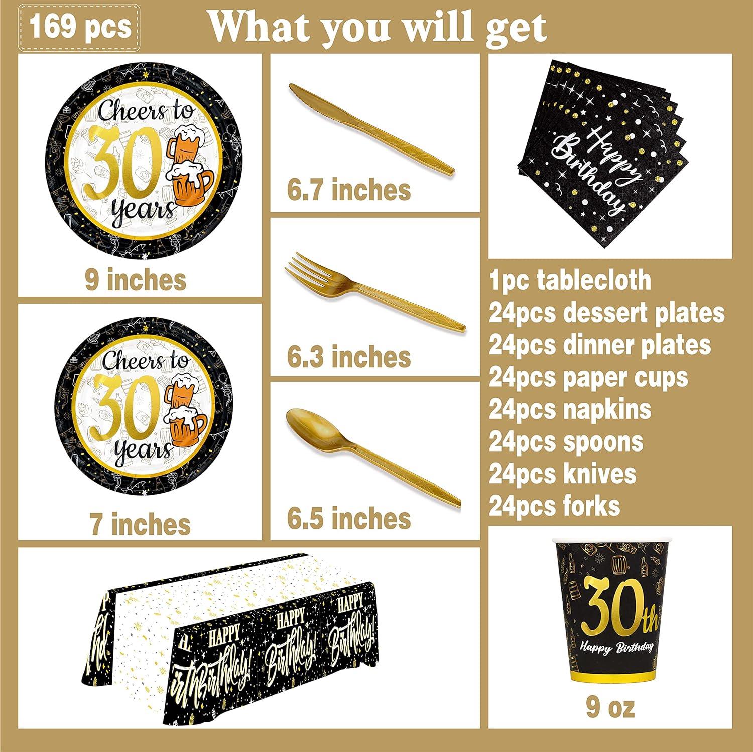 30th Birthday Decorations Tableware 24 Guests Plates and Cups 169 pcs - Massive Discounts