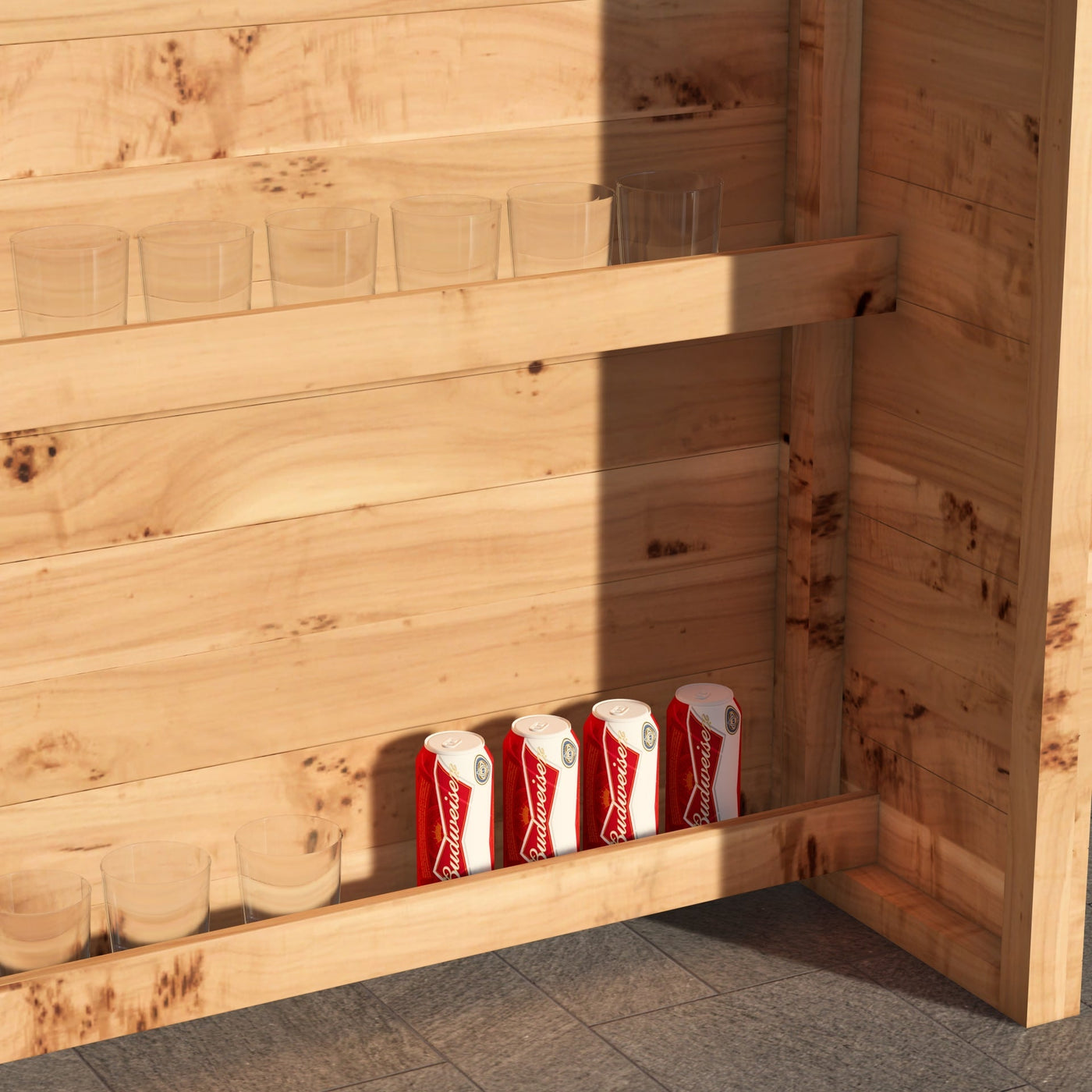 Red and white cylindrical containers on a wooden shelf inside a wooden structure.