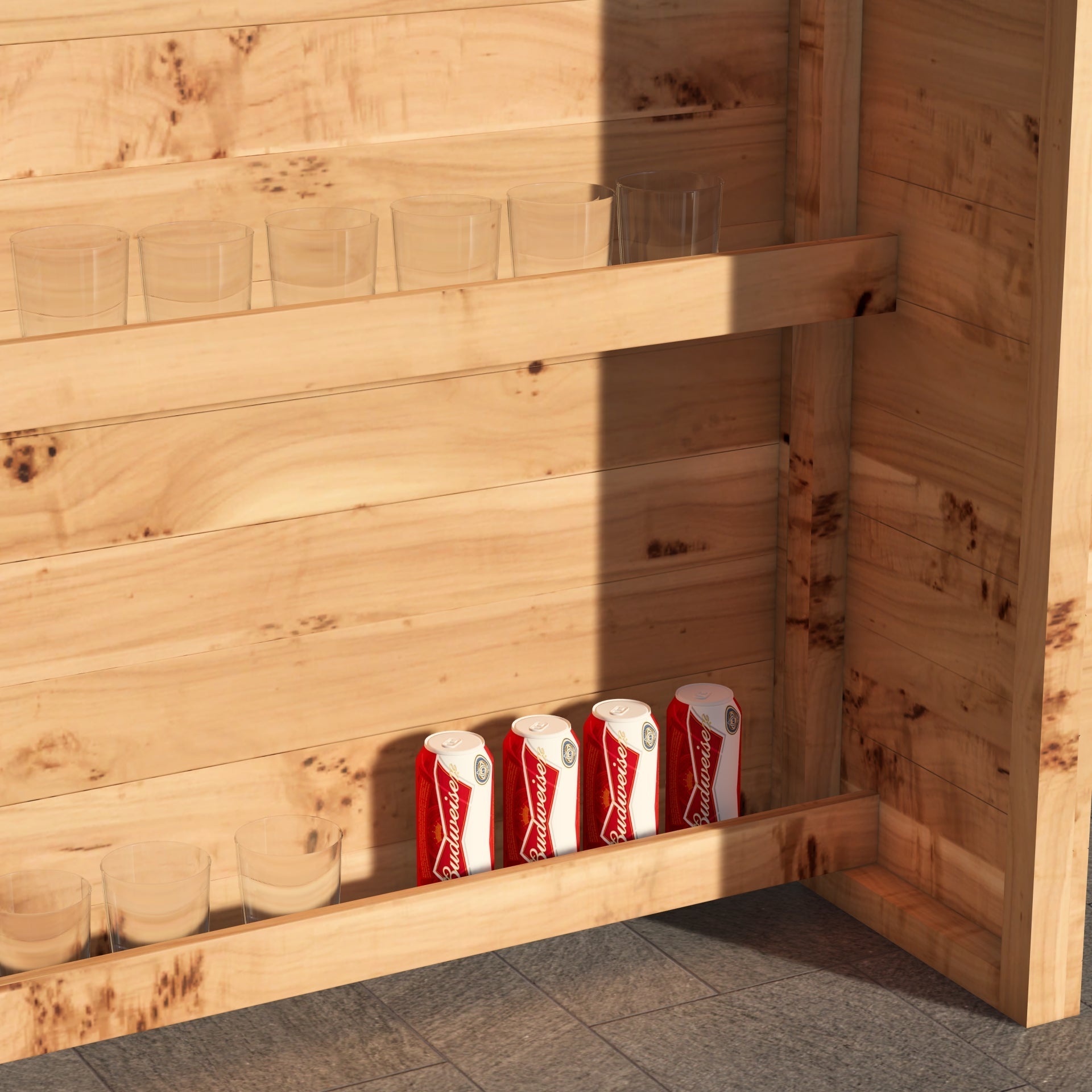 Red and white cylindrical containers on a wooden shelf inside a wooden structure.