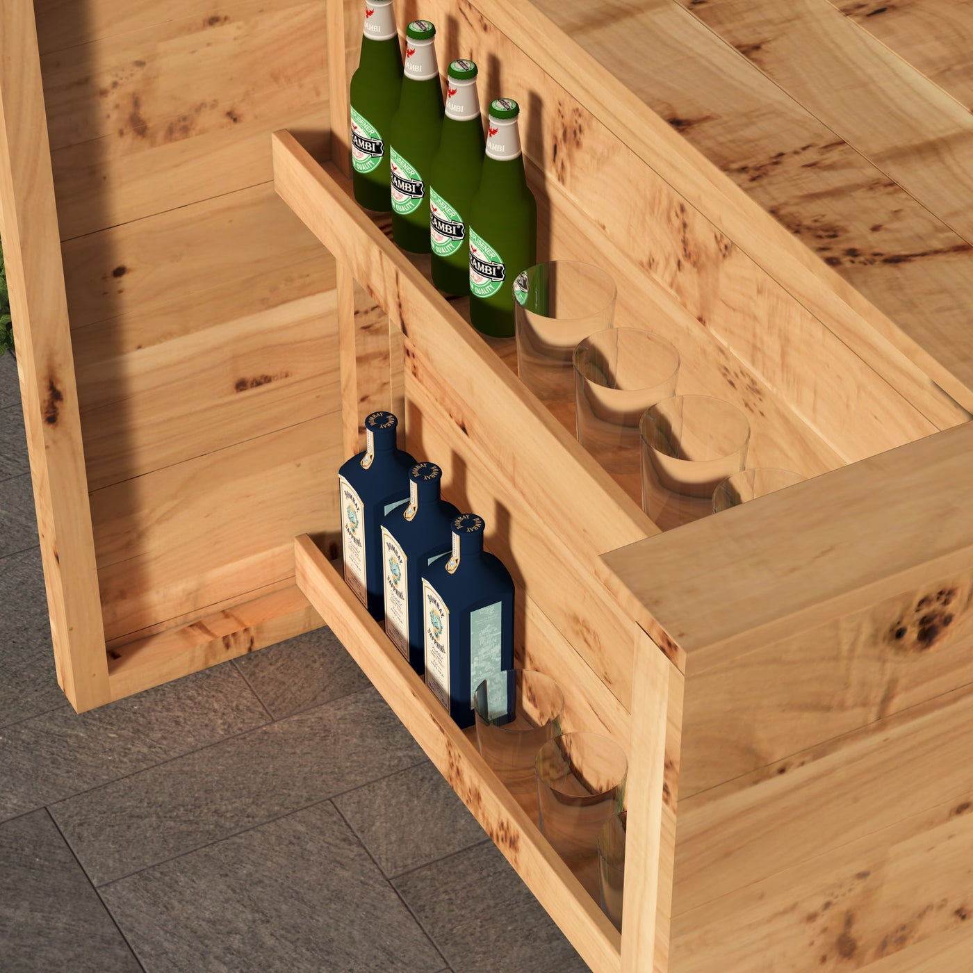 Wooden crate with bottles of Heineken and olive oil inside