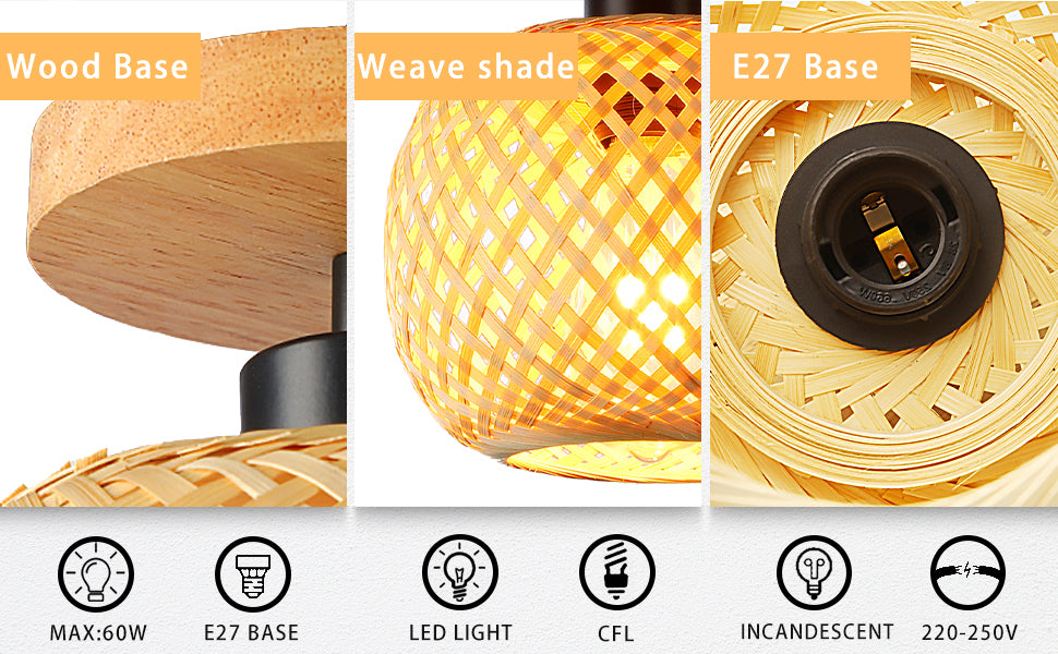 Bamboo Ceiling Light Boho Rattan Semi Flush Mount Farmhouse Fixture Mini Size