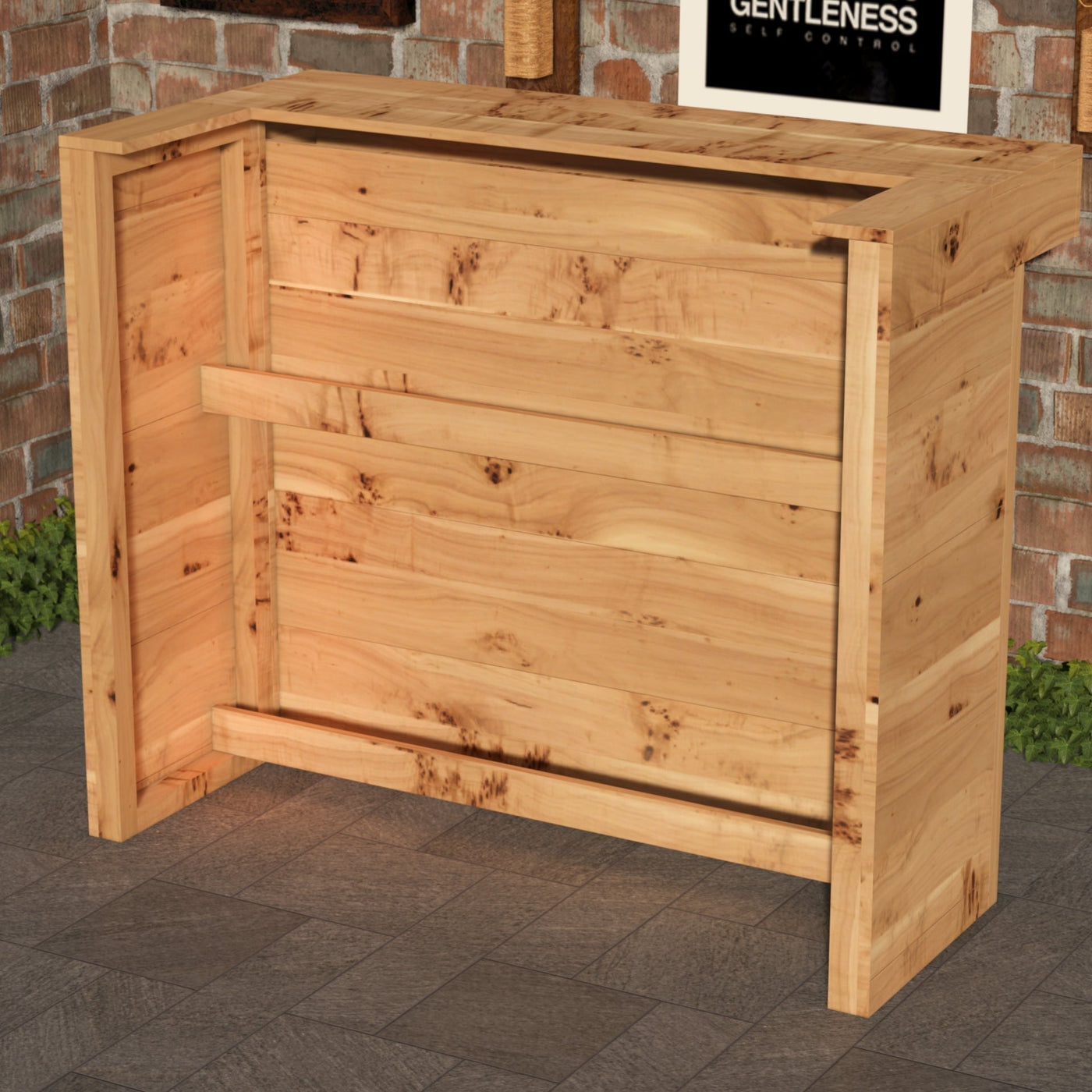 Wooden outdoor storage box with a brick wall background