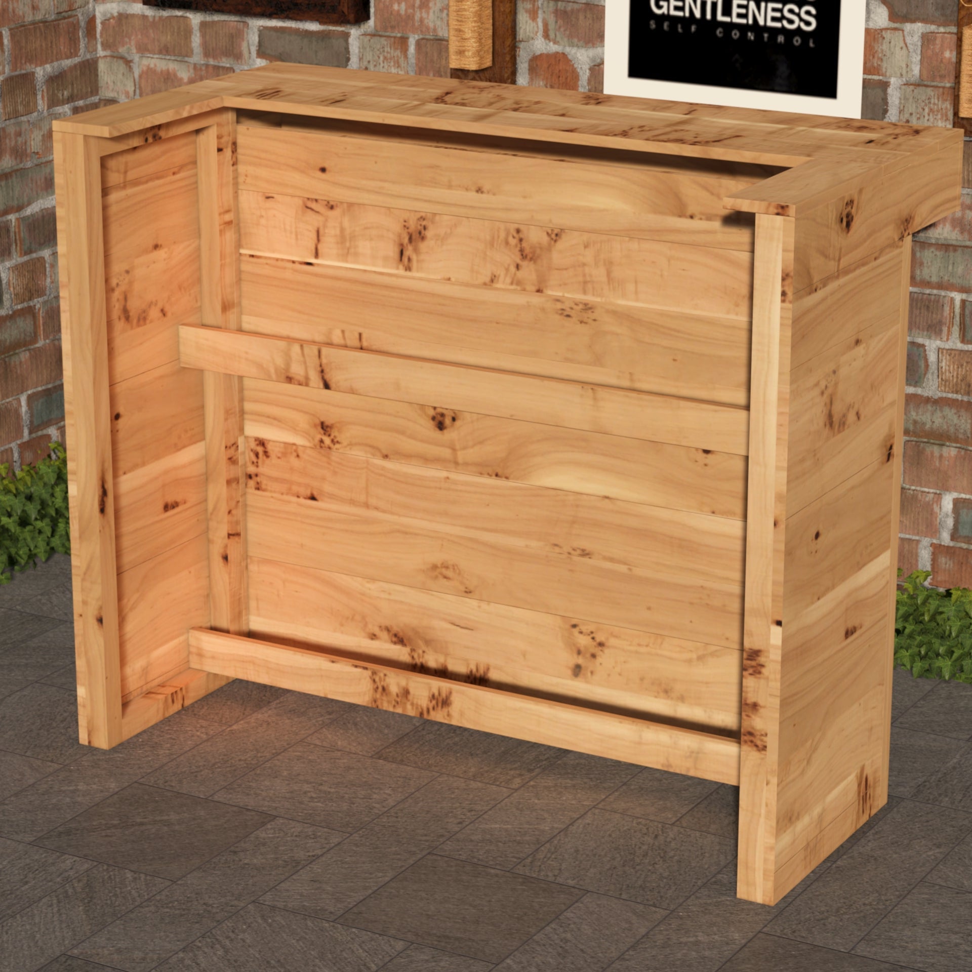 Wooden outdoor storage box with a brick wall background