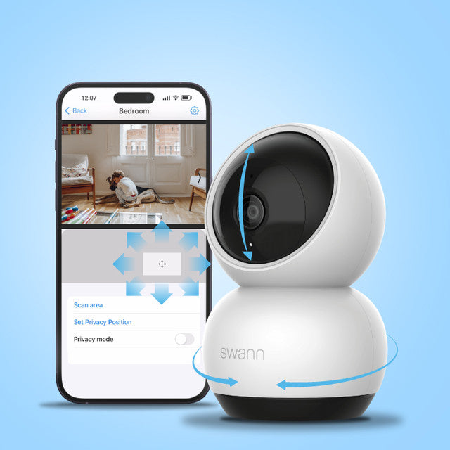 Smart home security camera with smartphone app on a blue background
