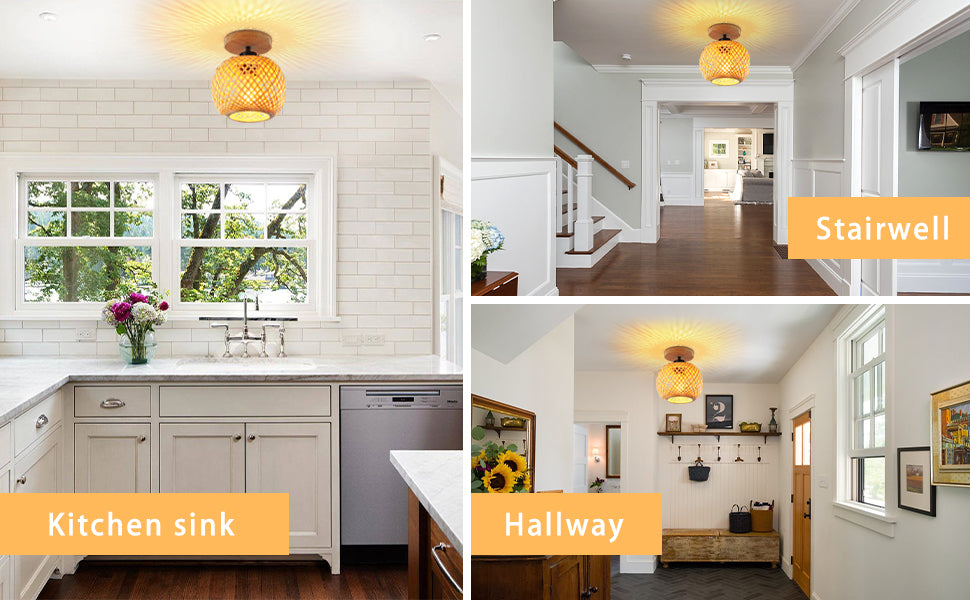 Bamboo Ceiling Light Boho Rattan Semi Flush Mount Farmhouse Fixture Mini Size