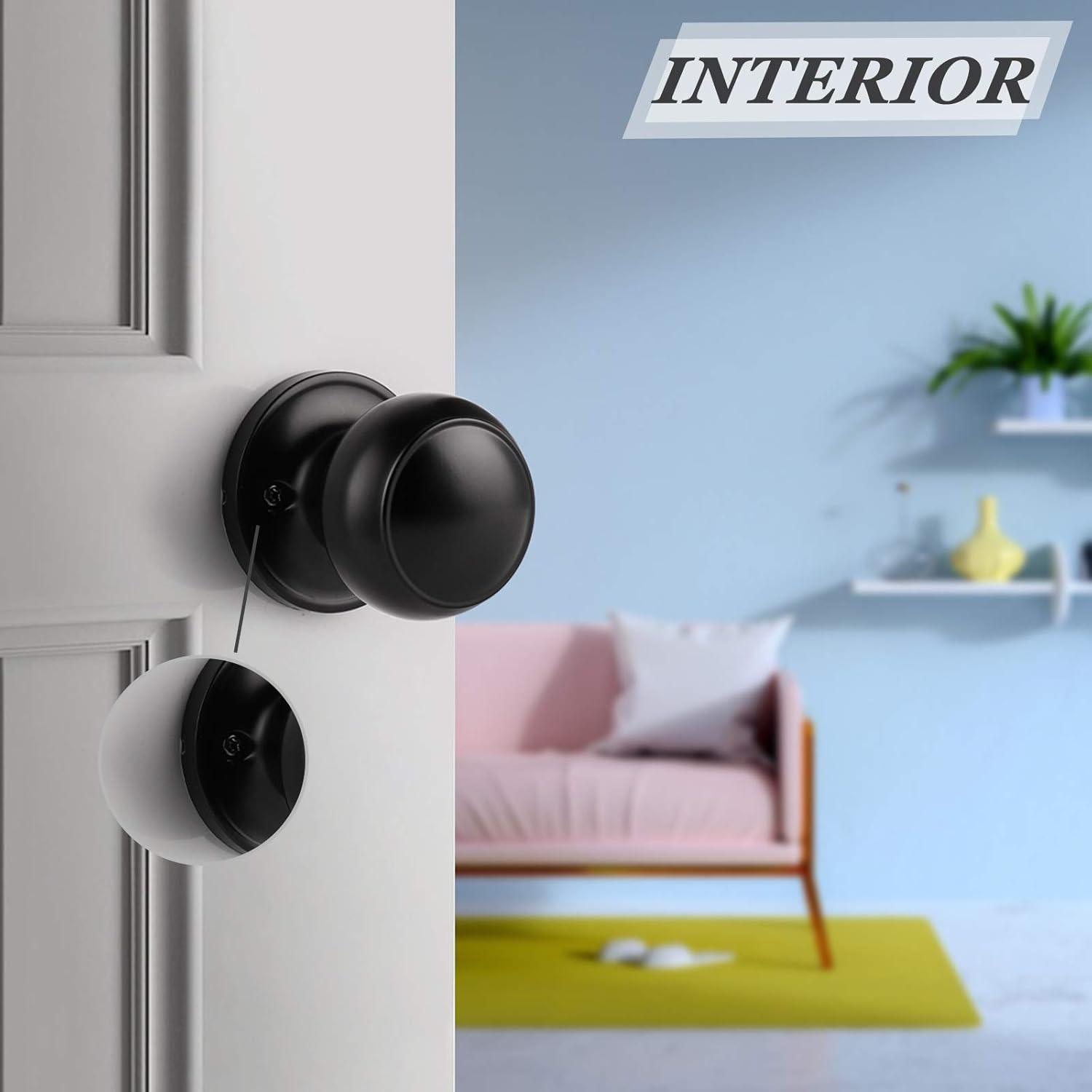 Probrico Black Door Knob Sets with Latch | 2 Pack Round Interior Passage Handles