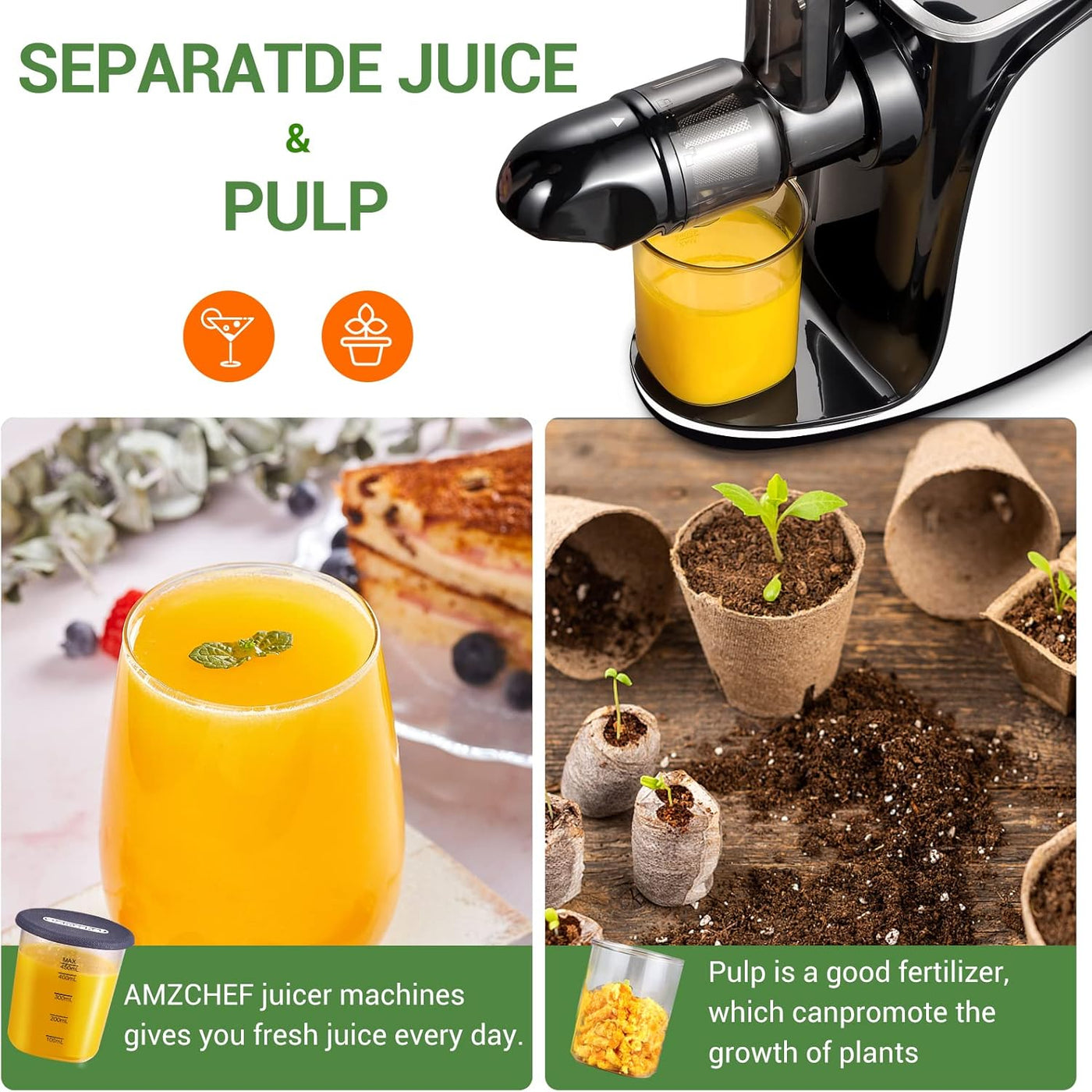 AMZCHEF Cold Press Juicer with 2 Speed Control - High Juice Yield