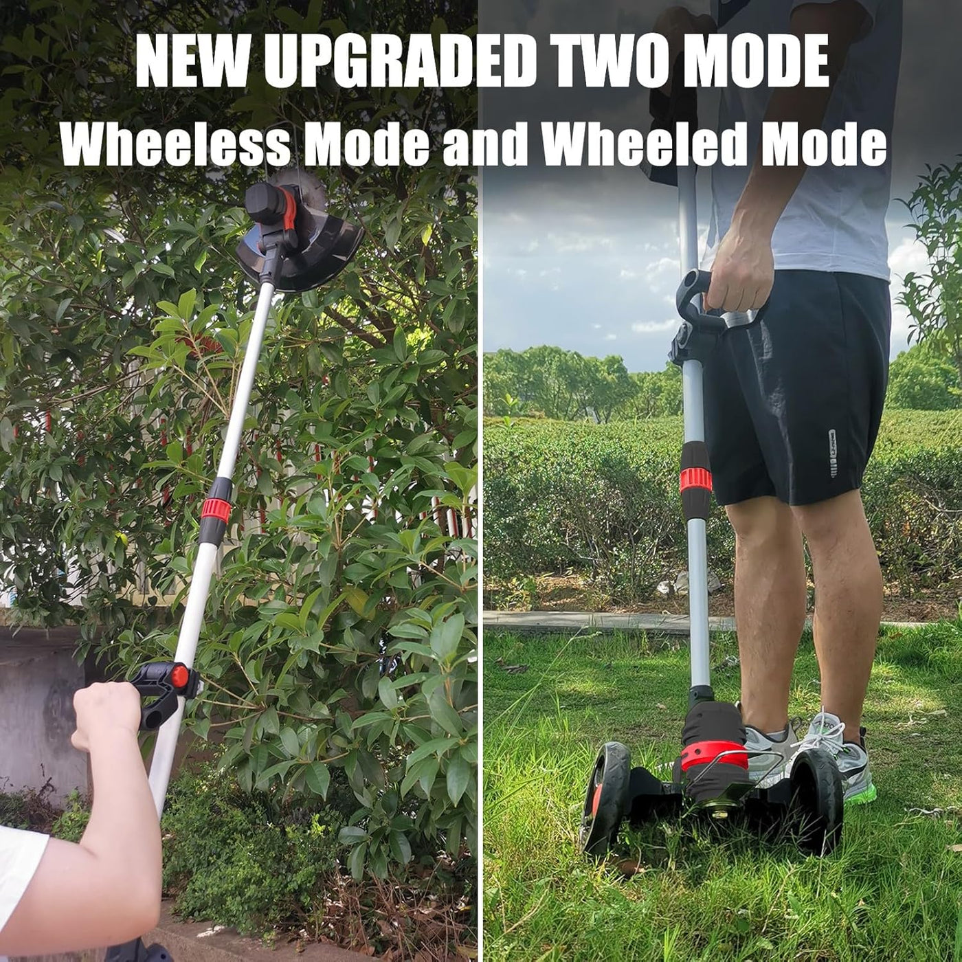 Two modes of a grass trimmer with text 'NEW UPGRADED TWO MODE Wheelless Mode and Wheeled Mode' in an outdoor setting.
