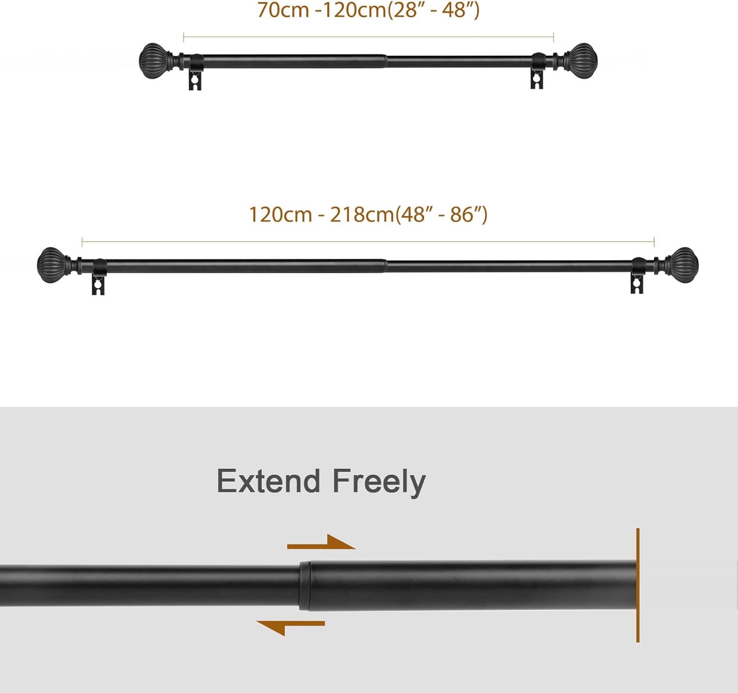 Curtain Pole Extendable 122 218cm Metal 16mm Black Pumpkin Finials SZXIMU