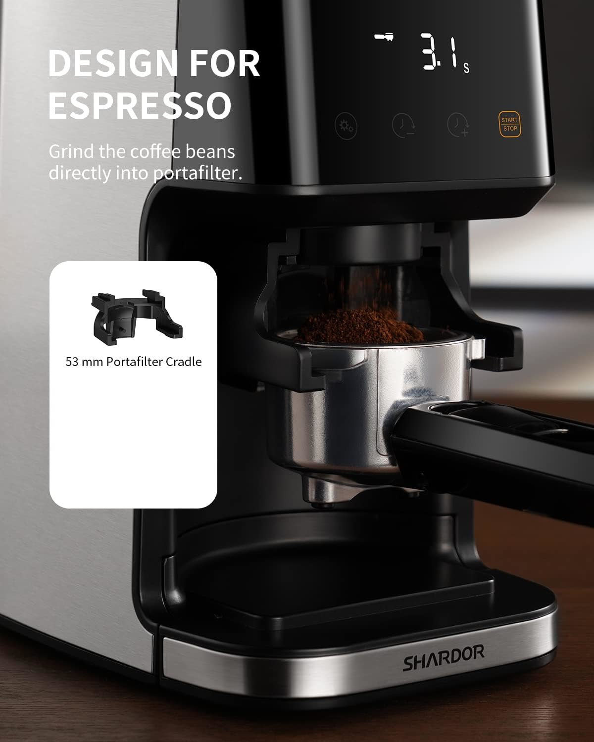 Coffee grinder with digital display and SHARDOR branding on a wooden surface.