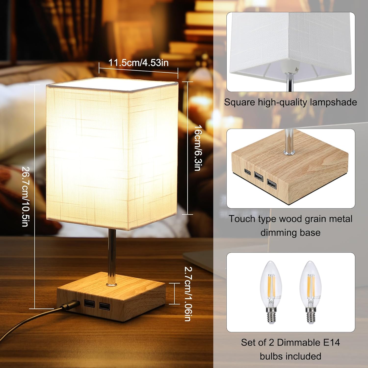 Table lamp with wooden base and fabric shade, featuring dimensions and product details.