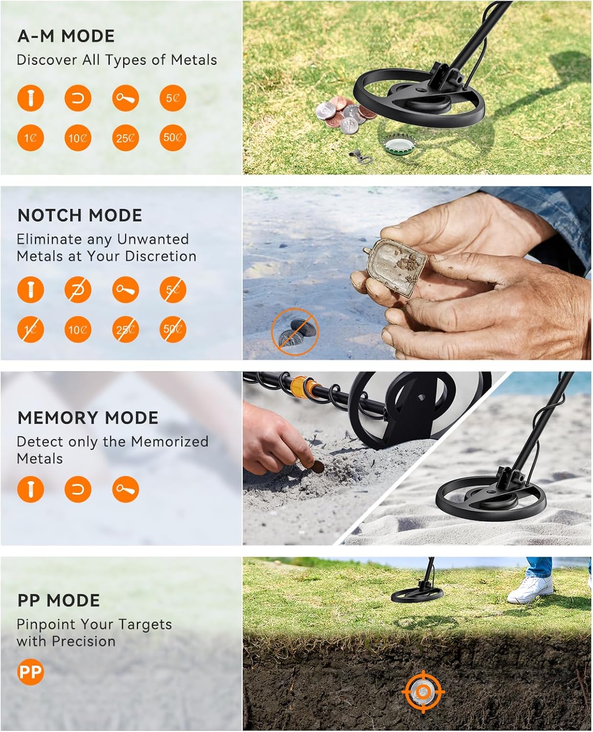 Metal detector with various modes displayed on a grassy background