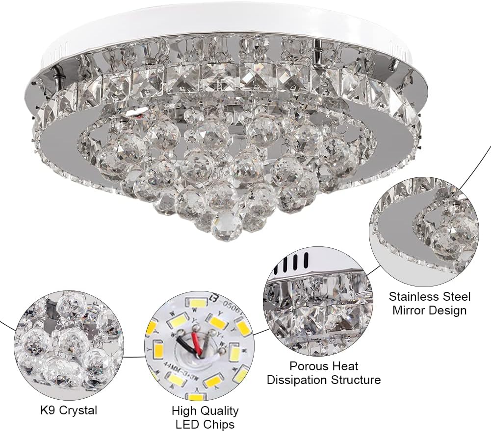 36W Dimmable Crystal LED Ceiling Light 40cm with Remote, 3000K-6000K