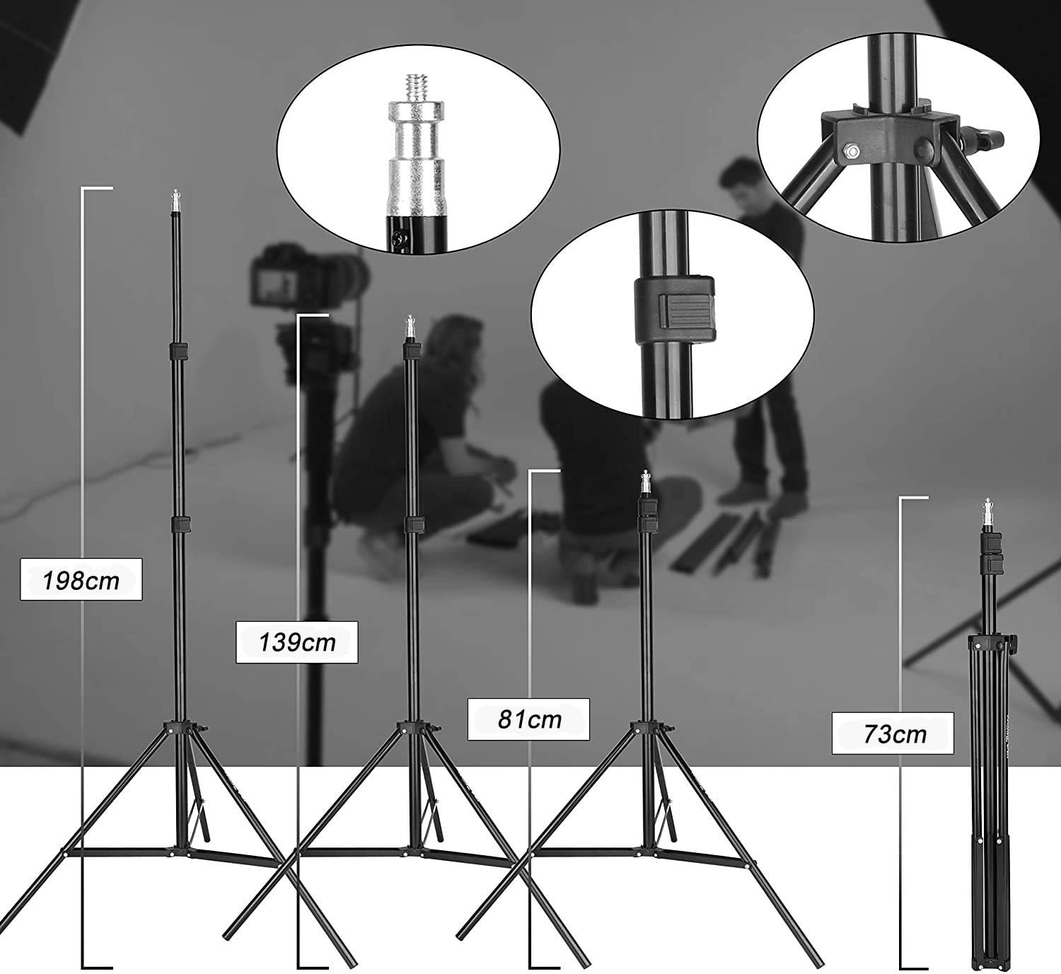 Set of photography studio stands with measurements and close-up details on a gray background.