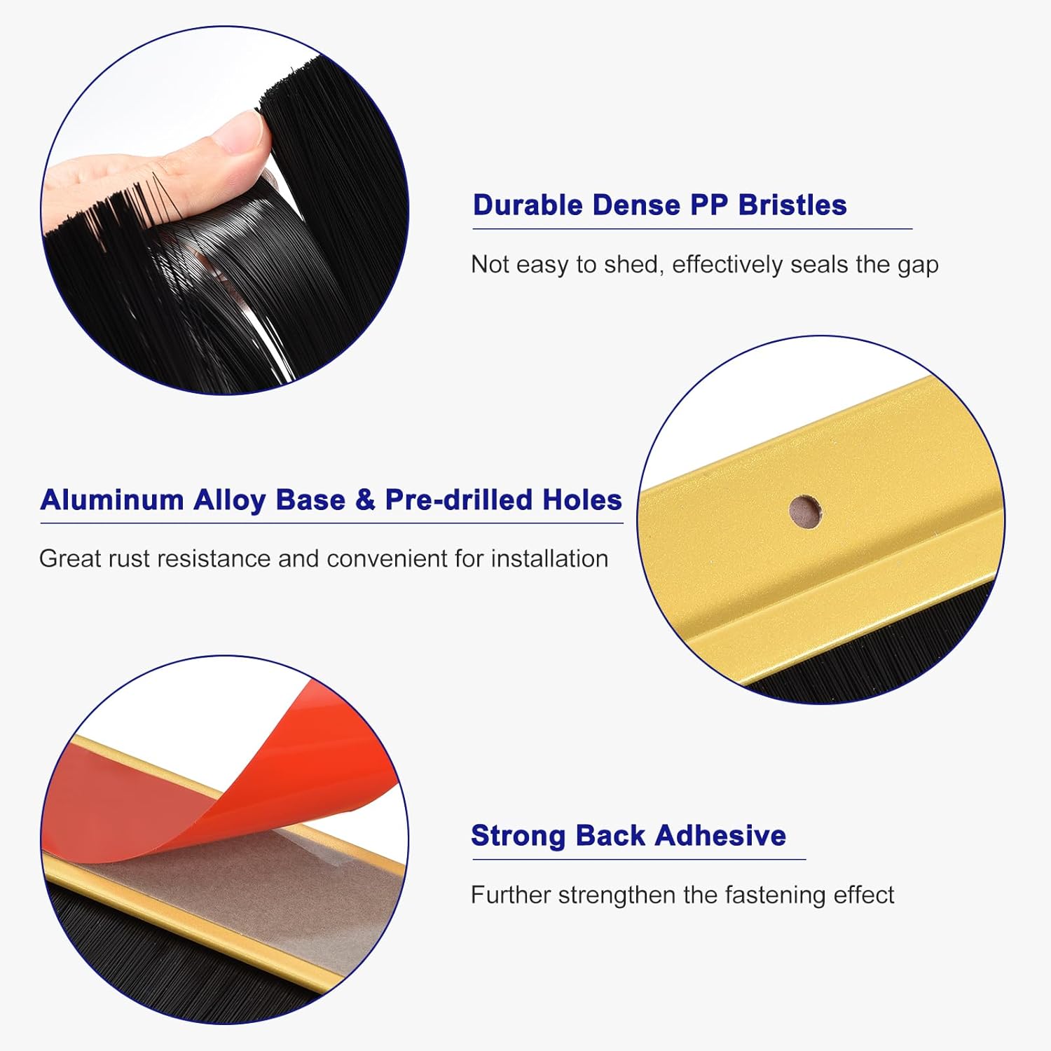 Product features including durable PP bristles, aluminum alloy base, pre-drilled holes, and strong adhesive back.