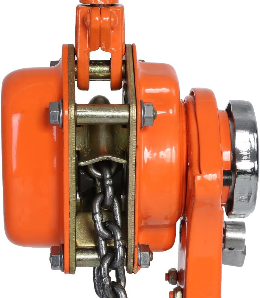 Close-up of an orange mechanical pulley system with chain on a white background