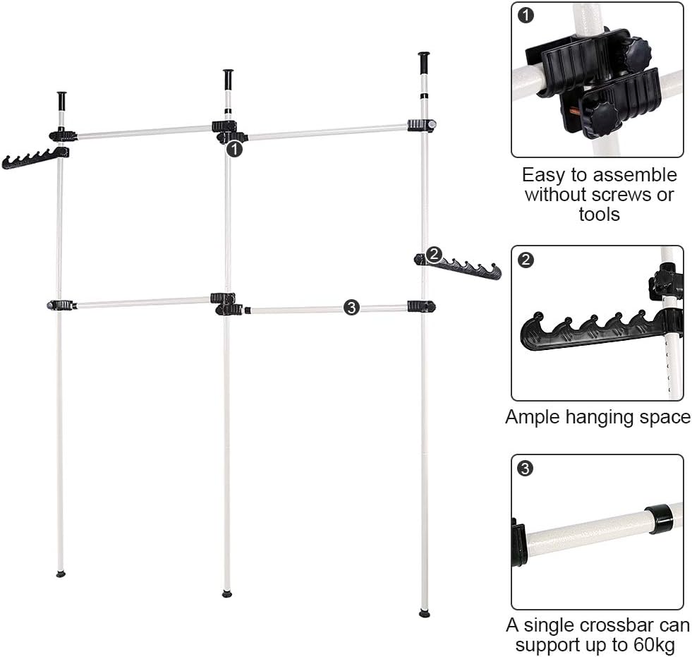 Clothing rack with features highlighted on a white background