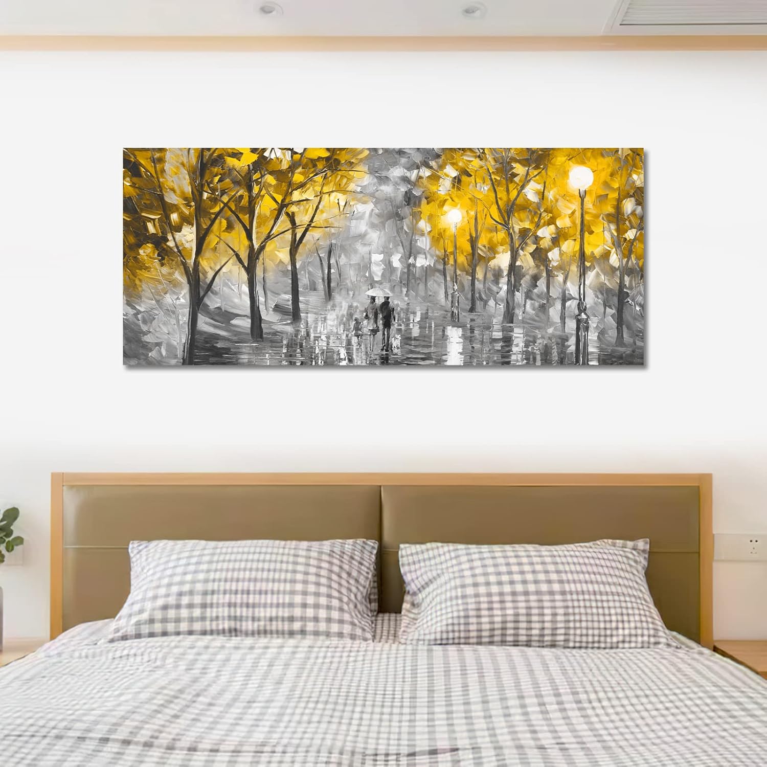 Painting of a couple walking in a park with yellow leaves above a bed.
