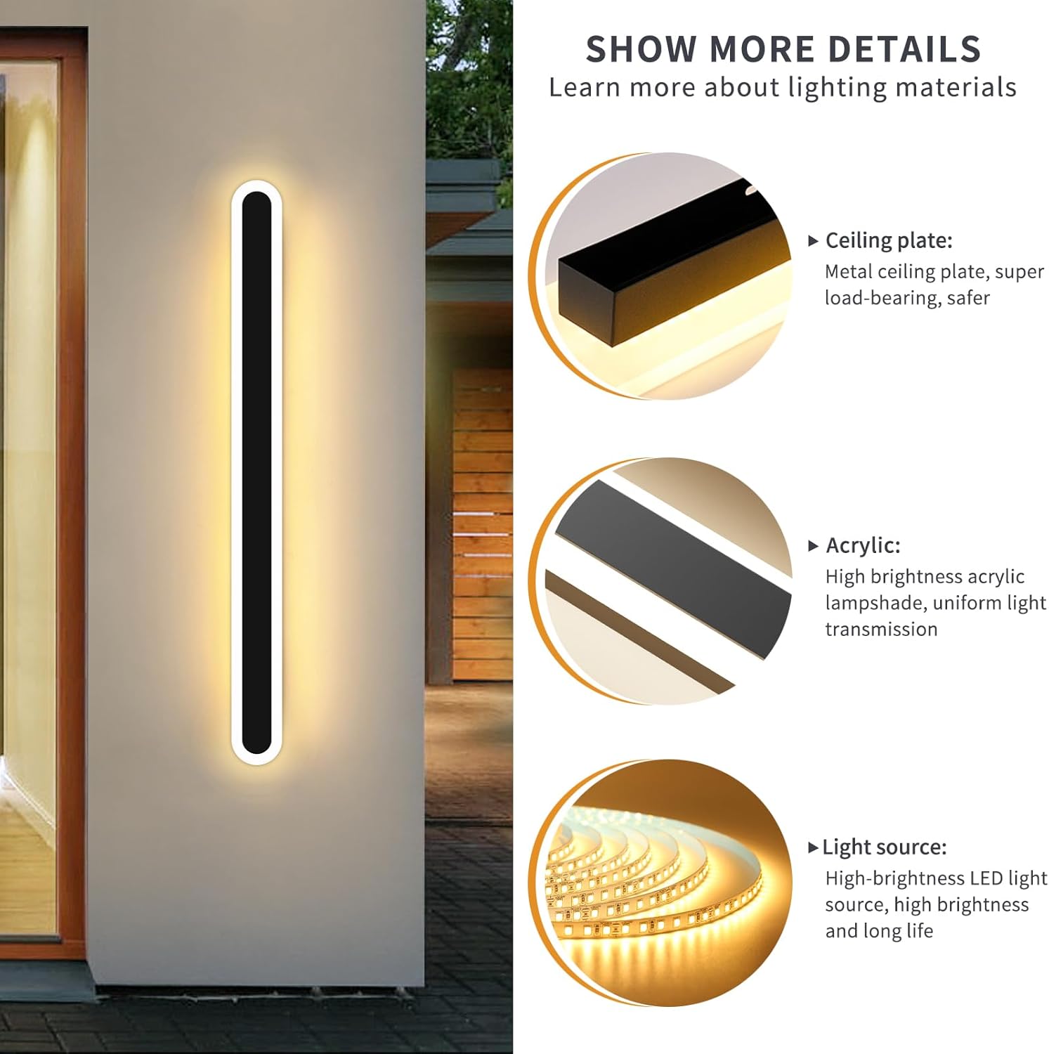 Mikeru 150CM IP65 Outdoor Wall Light 3000K Warm White Matt Black, Porch / Garden