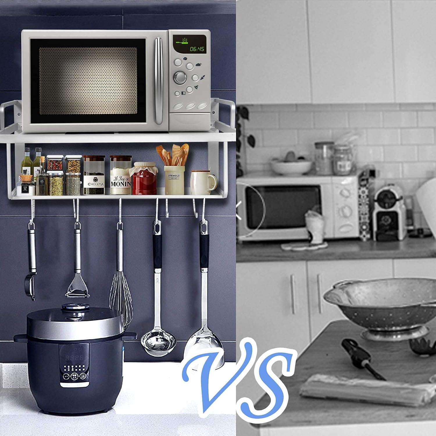 Comparison of a kitchen setup with a microwave and hanging utensils on the left, versus a cluttered counter with a colander and tools on the right.
