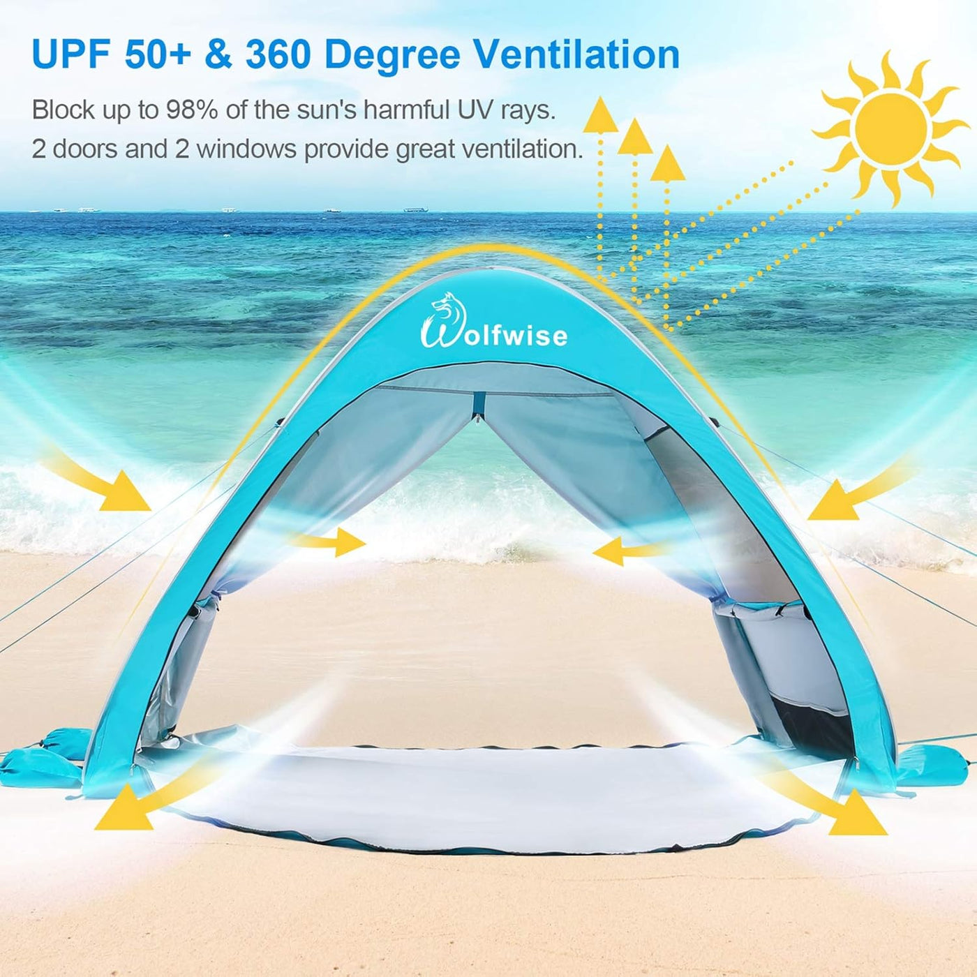 Pop Up Beach Tent 3-4 Person UPF 50+ Sun Shelter Portable Ventilated WolfWise