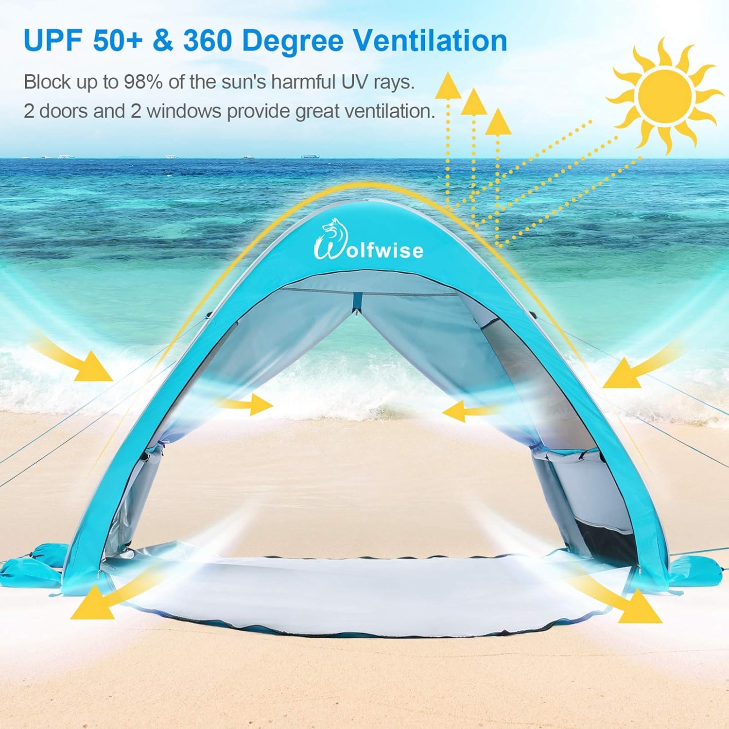 Pop Up Beach Tent 3-4 Person UPF 50+ Sun Shelter Portable Ventilated WolfWise