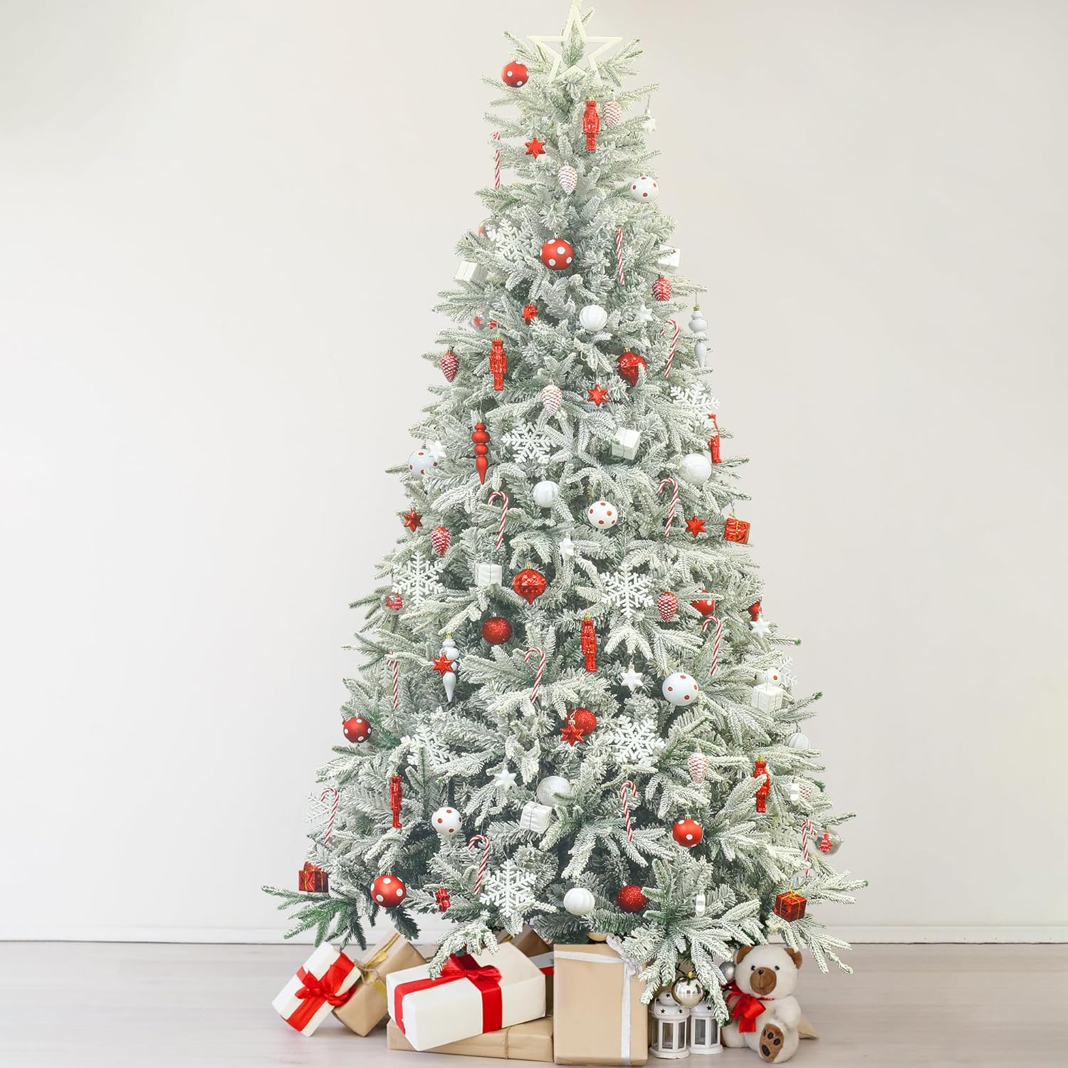 6.5ft Flocked Christmas Tree - Hinged Artificial Pine for Realistic Xmas Decor