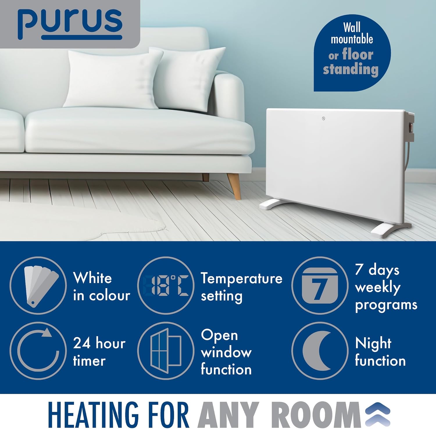 1200W White Electric Radiator Heater with Thermostat Wall Mounted Purus