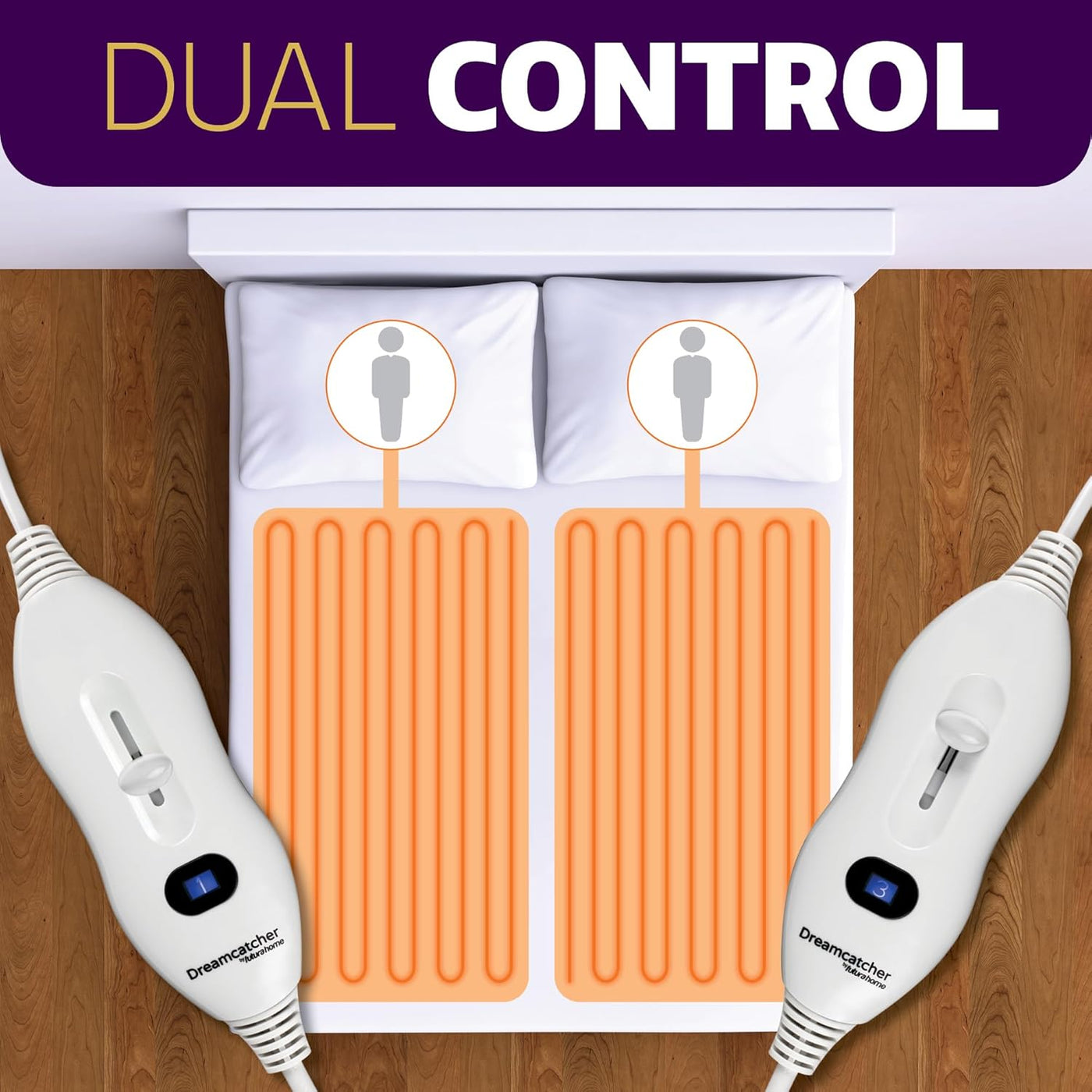 Dreamatcher dual control heating pad with two controllers on a wooden surface