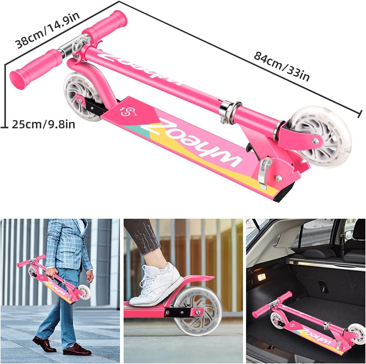 WheoZ Folding Kick Scooter for Kids 3+, 2 Wheels, LED Lights, Adjustable
