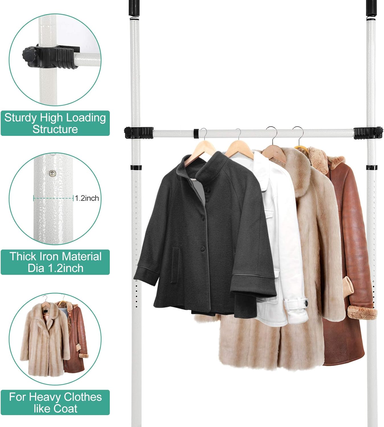 Clothing rack with clothes on a white background, featuring text about its features.